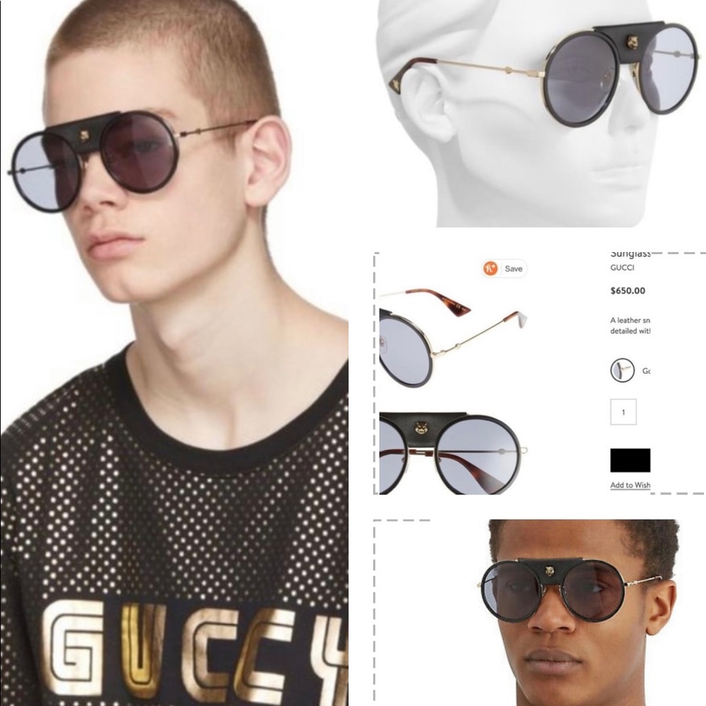 GUCCI UNISEX ROUND SUNGLASSES WITH DETACHABLE BLACK LEATHER & LOGO TIGER HEAD - Picture 2 of 16